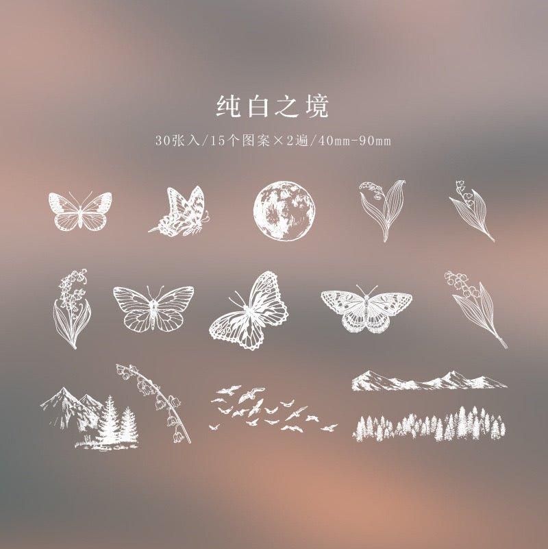 1001( PET White Ink Sticker Pack Daytime Fantasy Series Creative Art Handbook Decoratio)n Stickers - Memo Journals