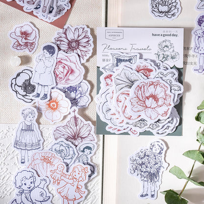[2601-184] Flower Travel Vintage Floral Character Die Cut Stickers Pack