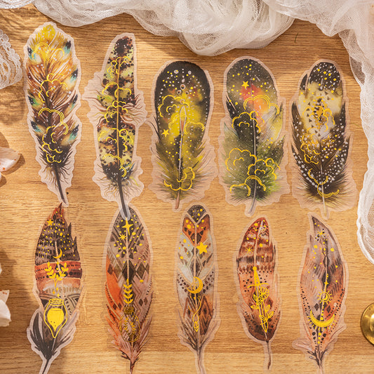 [2601-155] Golden Foil Feather PET Stickers – Shimmering Feather Series (10 Sheets