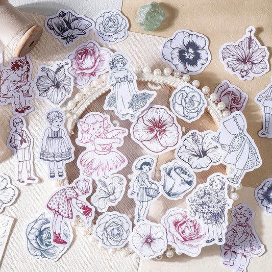 [2601-184] Flower Travel Vintage Floral Character Die Cut Stickers Pack
