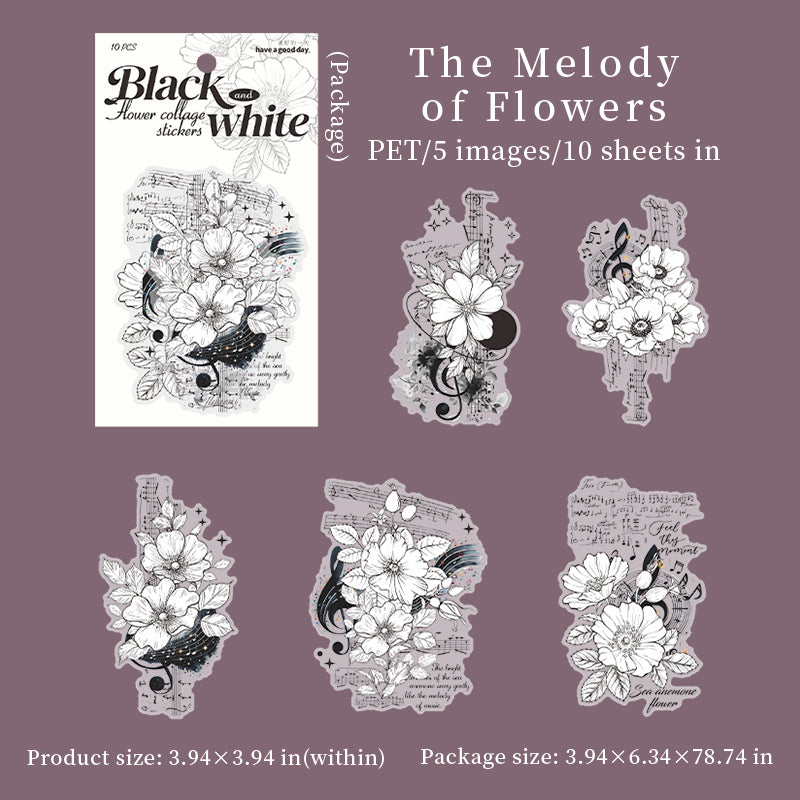 [2602-002] Large Black and White Floral PET Collage Stickers 6 Styles