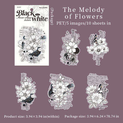 [2602-002] Large Black and White Floral PET Collage Stickers 6 Styles