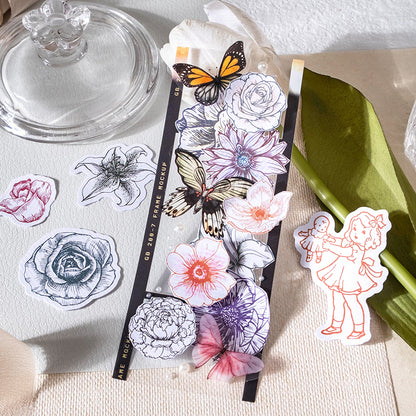 [2601-184] Flower Travel Vintage Floral Character Die Cut Stickers Pack