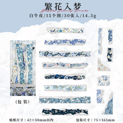 [2601-121] Vintage Floral Kraft Paper Stickers – Torn Edge Collage Strips (6 Designs)