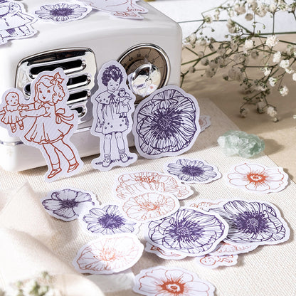 [2601-184] Flower Travel Vintage Floral Character Die Cut Stickers Pack