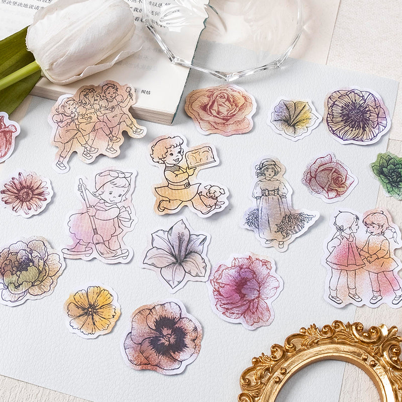 [2601-184] Flower Travel Vintage Floral Character Die Cut Stickers Pack