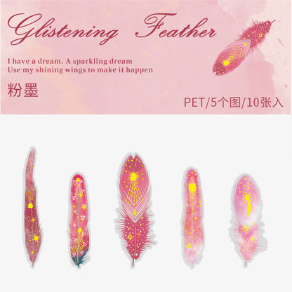 [2601-155] Golden Foil Feather PET Stickers – Shimmering Feather Series (10 Sheets