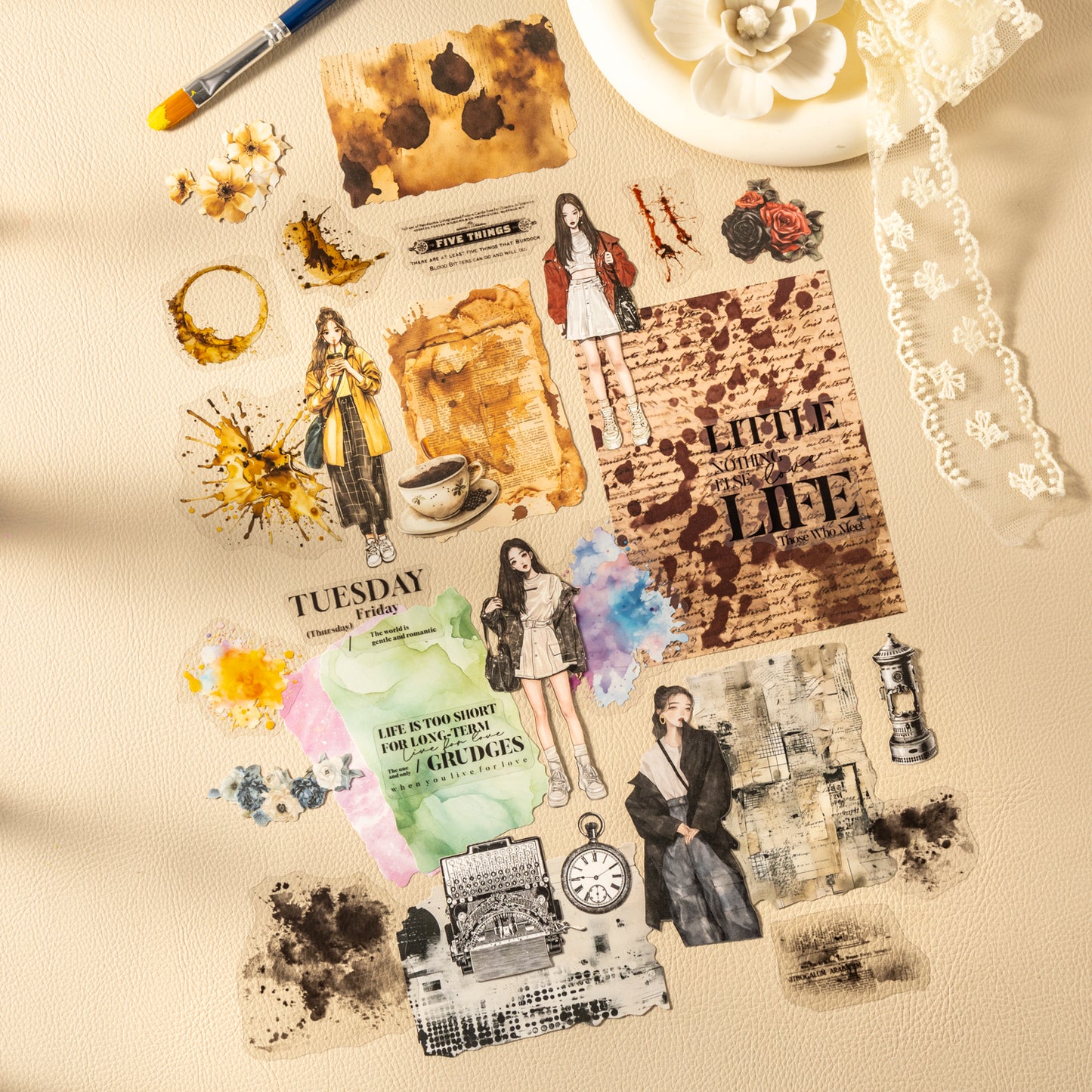 [2601-139] Trace Marks Journaling Kit – Grunge Background & Collage Sticker Set (4 Styles)
