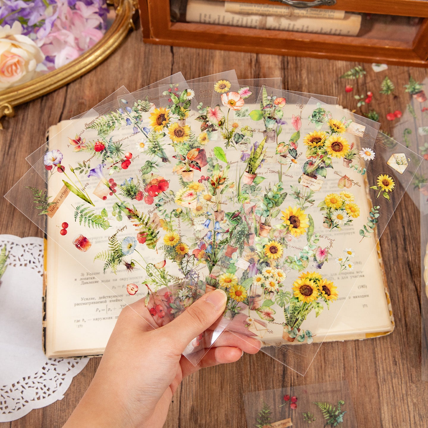 [2601-124] Plant Oxygen PET Botanical Stickers – “Plants & Oxygen” Collage Set (4 Styles 2 Sheets)