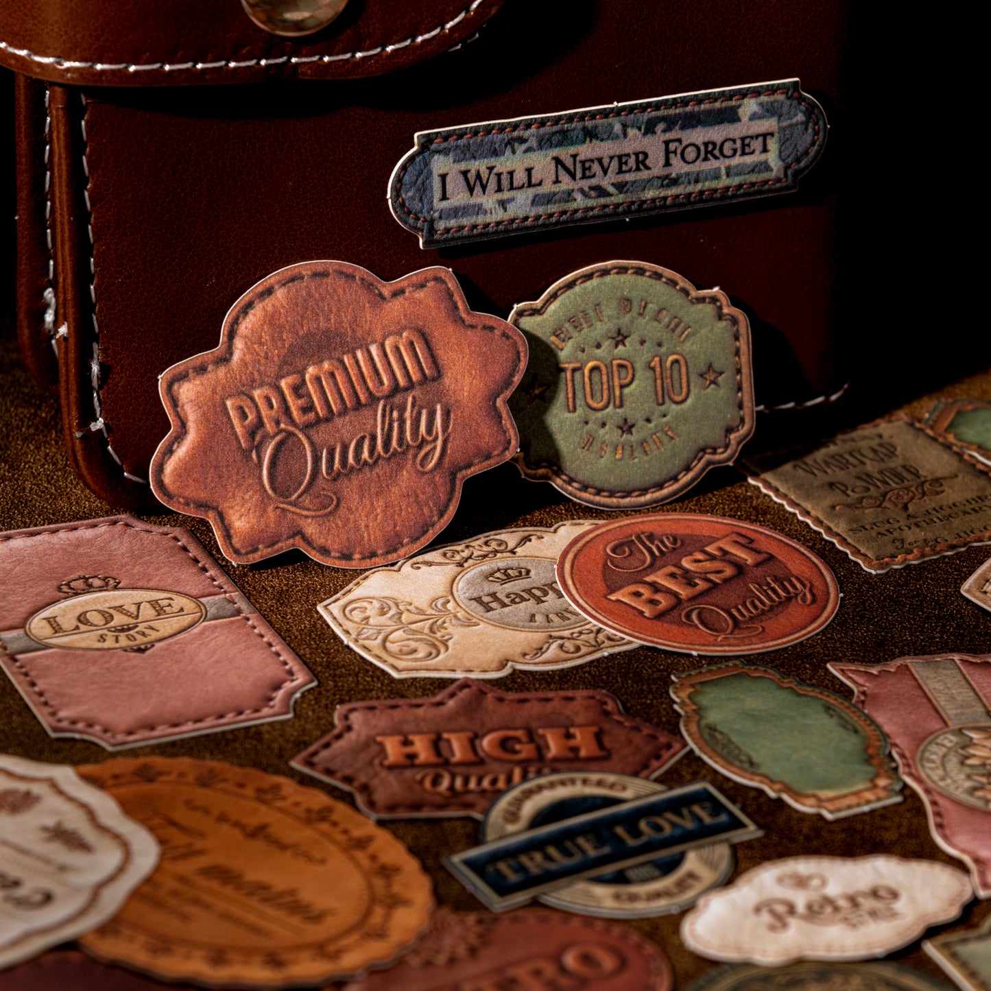 [2601-137] Velvet Leather Label Stickers – Vintage Faux Leather Journal Tags (6 Designs)