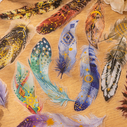 [2601-155] Golden Foil Feather PET Stickers – Shimmering Feather Series (10 Sheets