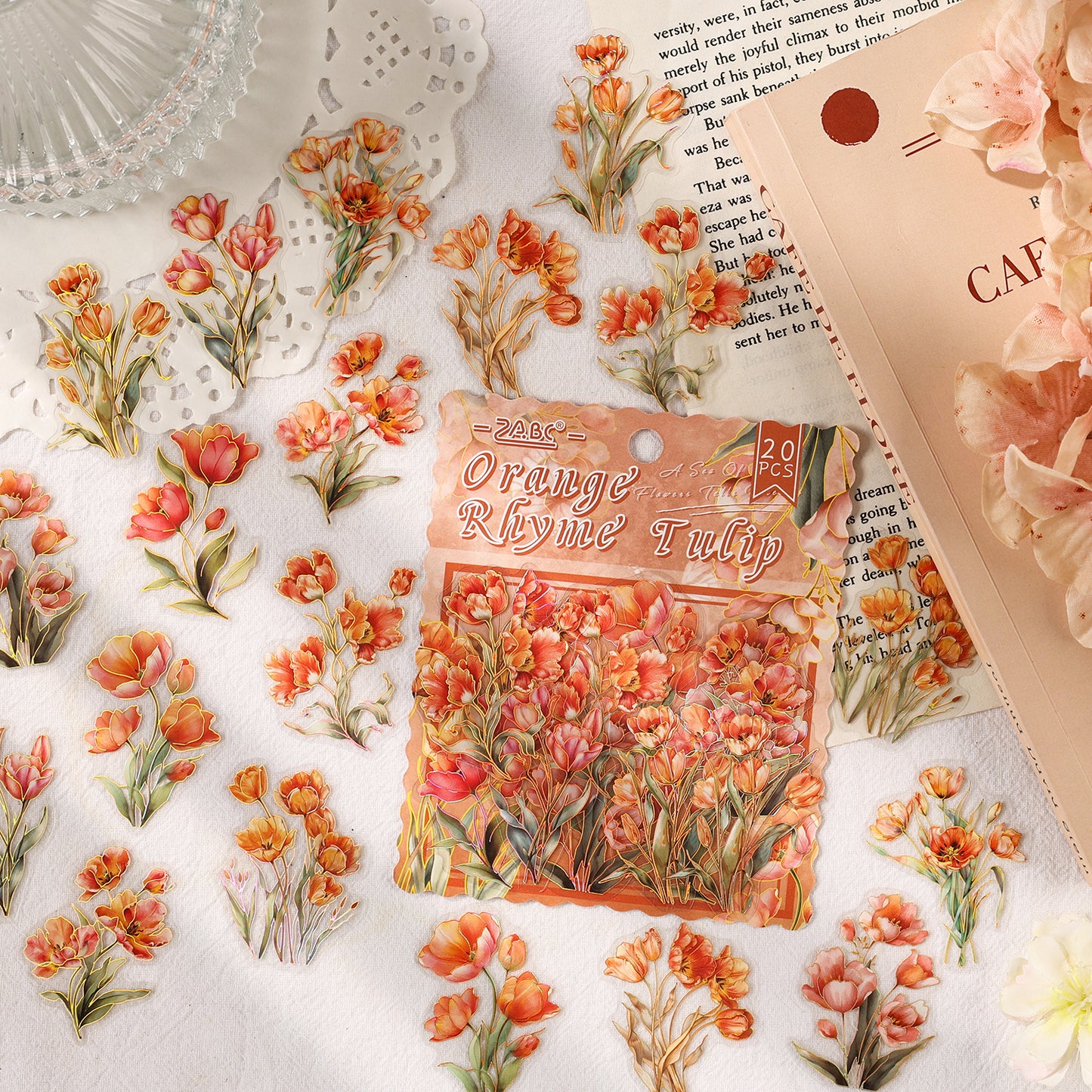 [2603-002] Gold Foil Floral PET Die Cut Stickers 20 Pieces
