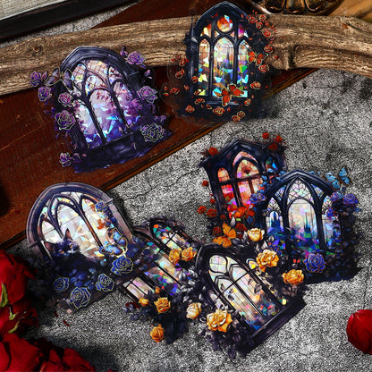 [2601-130] Rose Window Foil PET Stickers – Vintage Stained Glass Floral Series (4 Designs)