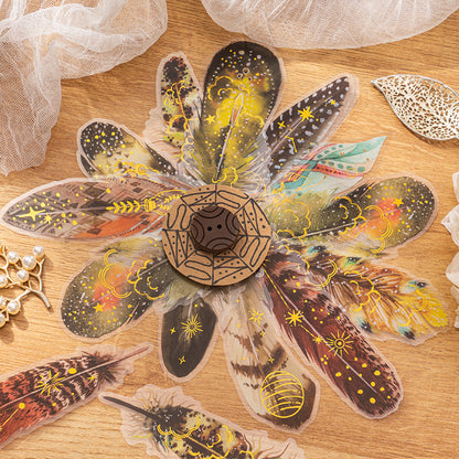 [2601-155] Golden Foil Feather PET Stickers – Shimmering Feather Series (10 Sheets