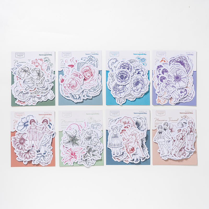 [2601-184] Flower Travel Vintage Floral Character Die Cut Stickers Pack