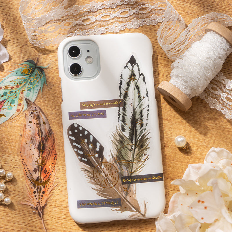 [2601-155] Golden Foil Feather PET Stickers – Shimmering Feather Series (10 Sheets
