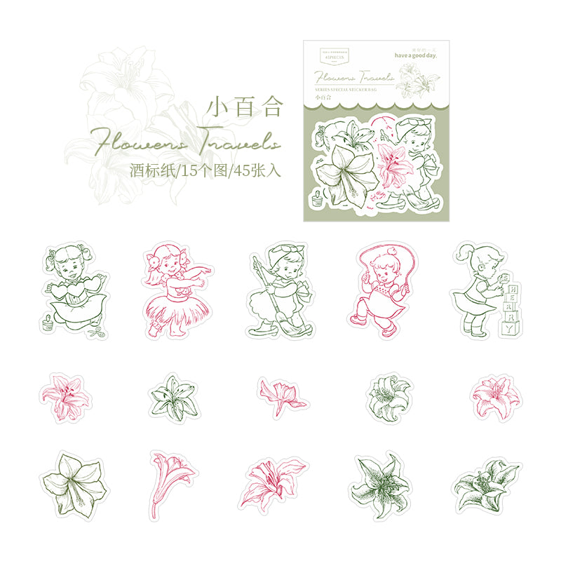 [2601-184] Flower Travel Vintage Floral Character Die Cut Stickers Pack