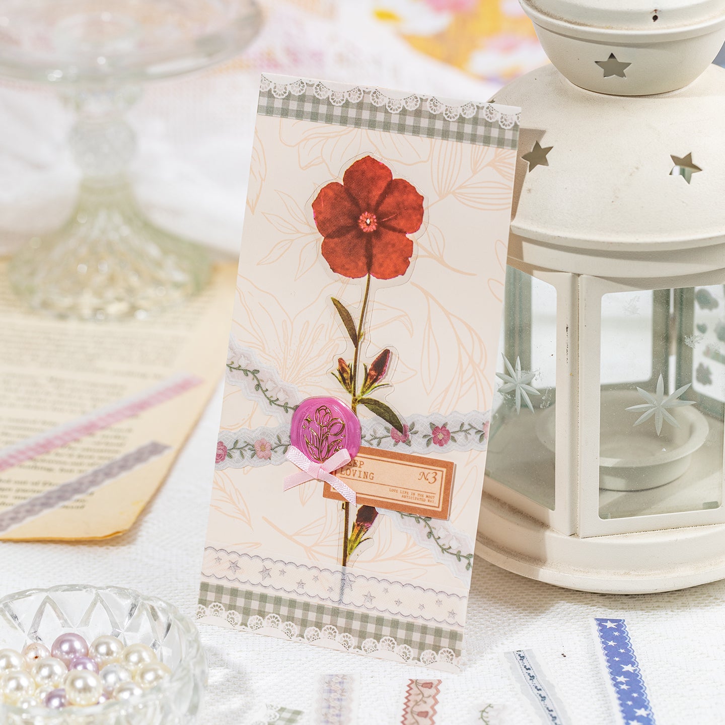 [2601-125] Lace Post Office Washi Trims – “Floral Lace Series” Long Strip Journal Set (4 Styles 40 Pieces)