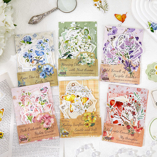 [2601-226] Flower Habitat Station Series Floral Butterfly Journal Sticker Material Pack 6 Styles