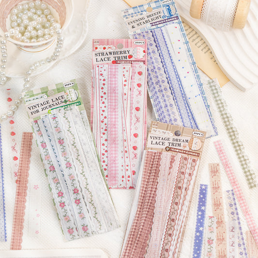 [2601-125] Lace Post Office Washi Trims – “Floral Lace Series” Long Strip Journal Set (4 Styles 40 Pieces)