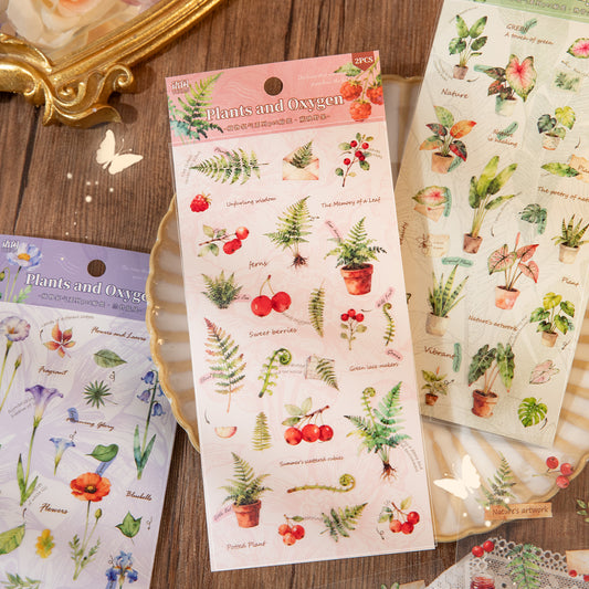 [2601-124] Plant Oxygen PET Botanical Stickers – “Plants & Oxygen” Collage Set (4 Styles 2 Sheets)