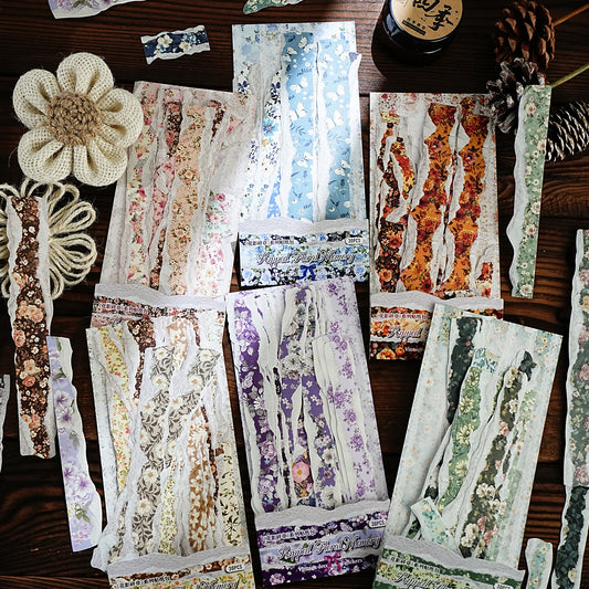 [2601-121] Vintage Floral Kraft Paper Stickers – Torn Edge Collage Strips (6 Designs)