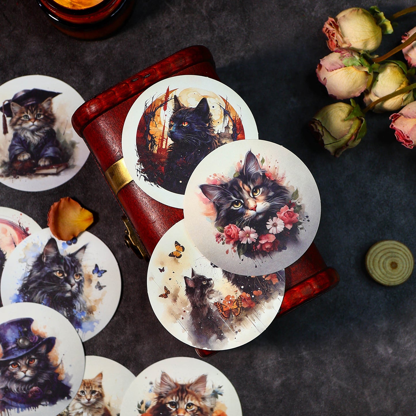 [2601-129] Mysterious Cat PET Stickers – Vintage Floral Animal Collage (4 Designs)