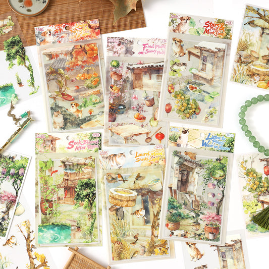 [2603-092] Vintage Seasonal Scene PET Journal Collage Stickers 6 Styles