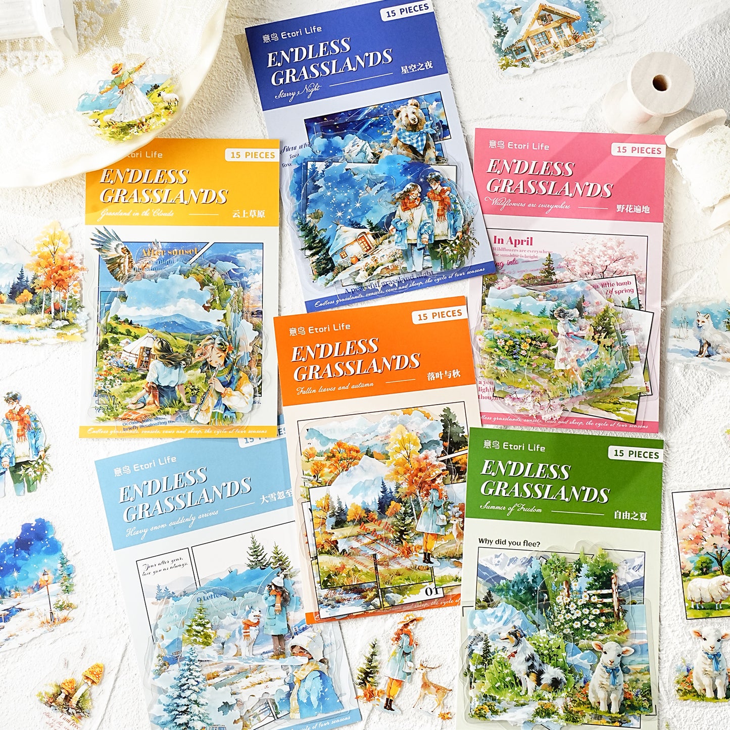 [2601-123] Endless Grasslands PET Scenic Stickers – Four Season Landscape Set (6 Designs 15 Pieces)