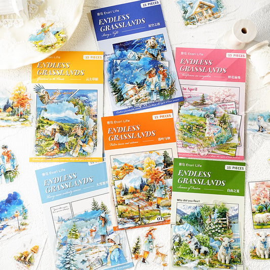 [2601-123] Endless Grasslands PET Scenic Stickers – Four Season Landscape Set (6 Designs 15 Pieces)