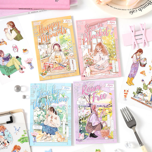 [2603-081] Cute Cartoon Girl Journal Collage Sticker Book 4 Styles