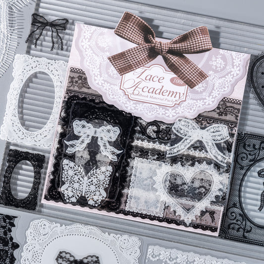 [2601-233] Lace Academy Series Black White Lace PET Journal Collage Stickers 100 Sheets