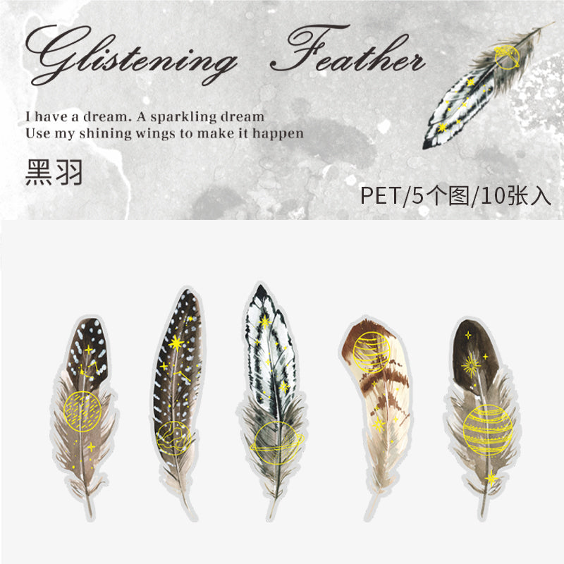 [2601-155] Golden Foil Feather PET Stickers – Shimmering Feather Series (10 Sheets