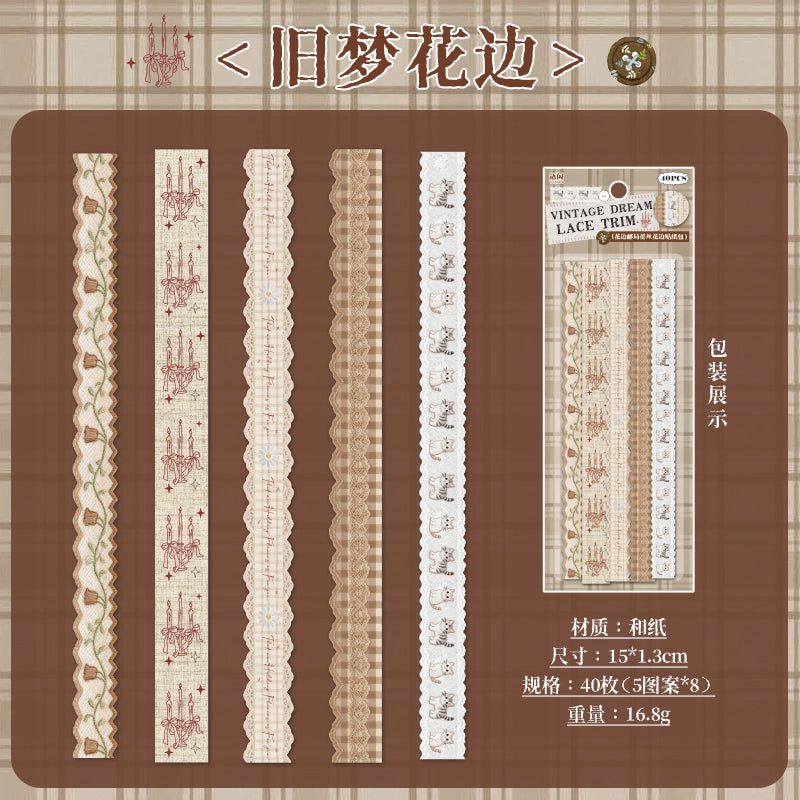 [2601-125] Lace Post Office Washi Trims – “Floral Lace Series” Long Strip Journal Set (4 Styles 40 Pieces)