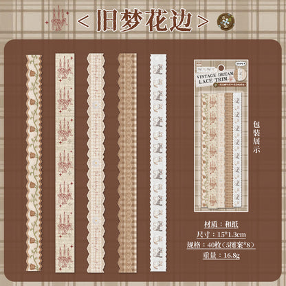 [2601-125] Lace Post Office Washi Trims – “Floral Lace Series” Long Strip Journal Set (4 Styles 40 Pieces)