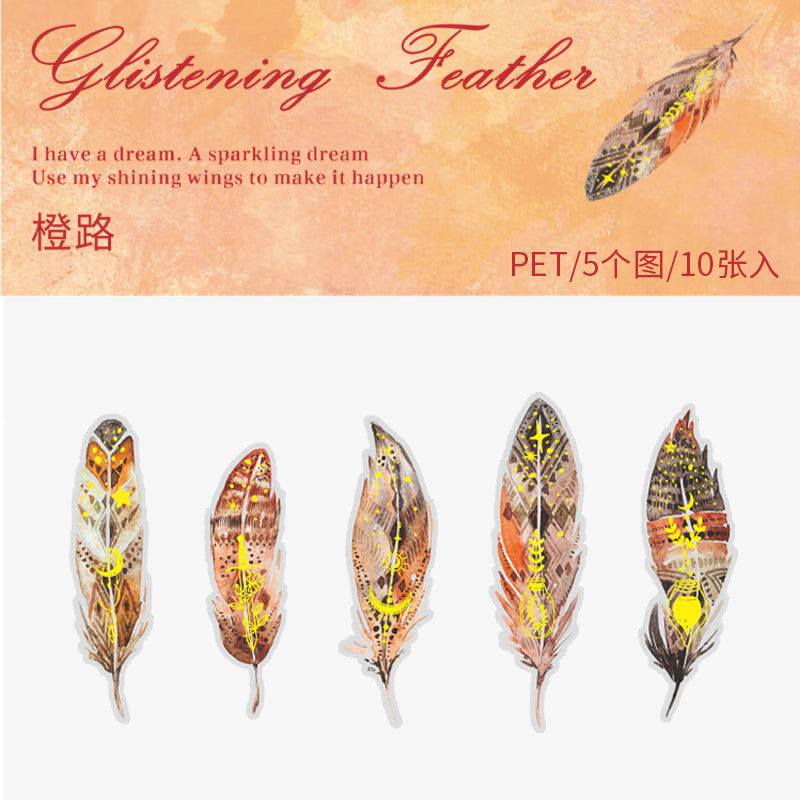 [2601-155] Golden Foil Feather PET Stickers – Shimmering Feather Series (10 Sheets