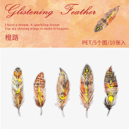 [2601-155] Golden Foil Feather PET Stickers – Shimmering Feather Series (10 Sheets