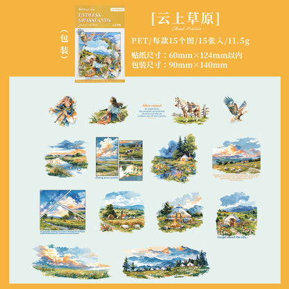 [2601-123] Endless Grasslands PET Scenic Stickers – Four Season Landscape Set (6 Designs 15 Pieces)