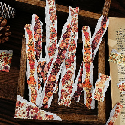 [2601-121] Vintage Floral Kraft Paper Stickers – Torn Edge Collage Strips (6 Designs)