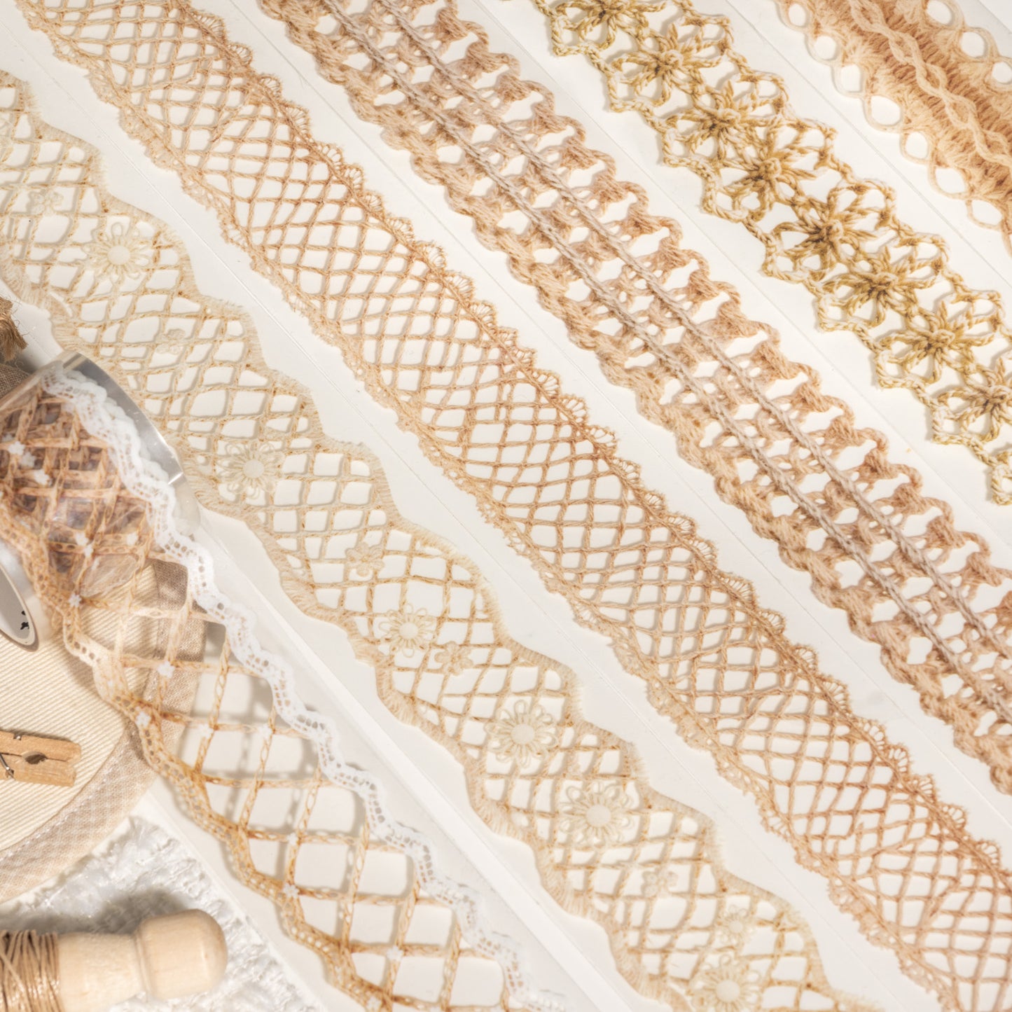 [2601-140] Linen Whisper PET Washi Tape – Vintage Woven Lace Series (6 Designs)