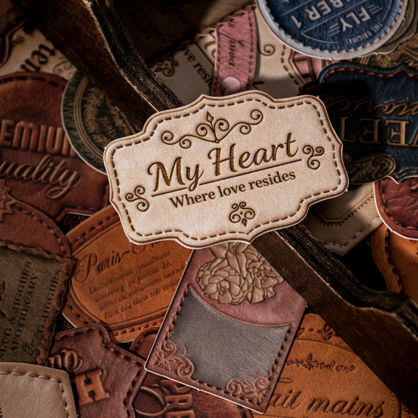 [2601-137] Velvet Leather Label Stickers – Vintage Faux Leather Journal Tags (6 Designs)