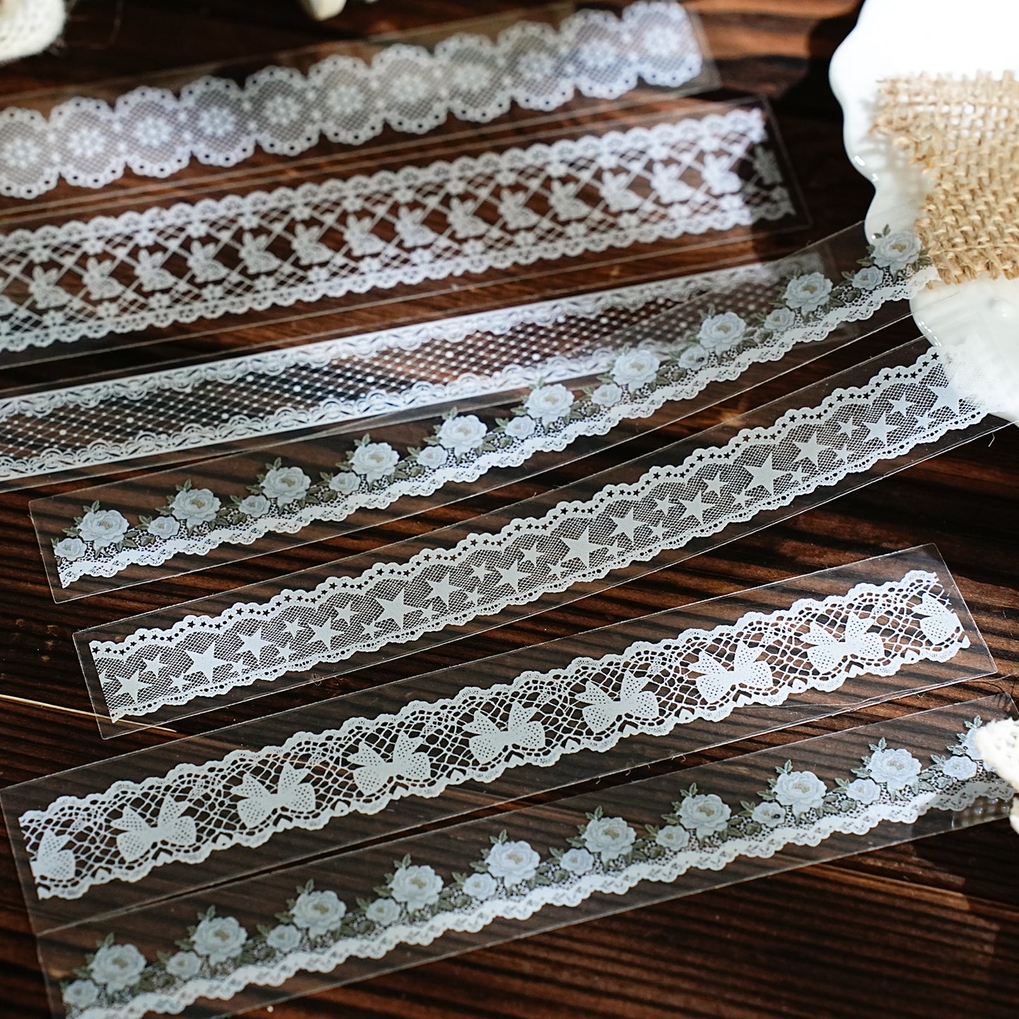 [2601-122] Handcrafted Lace Border Stickers – Vintage Fabric Trim Set (6 Designs)
