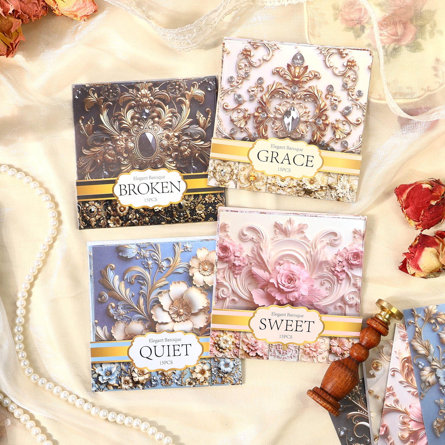 [2601-231] Elegant Baroque Series PET Journal Background Stickers Vintage Decoration 4 Styles