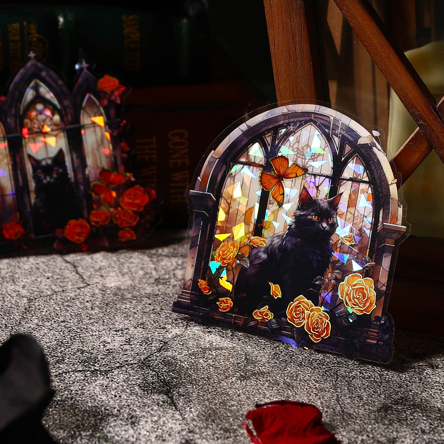 [2601-130] Rose Window Foil PET Stickers – Vintage Stained Glass Floral Series (4 Designs)