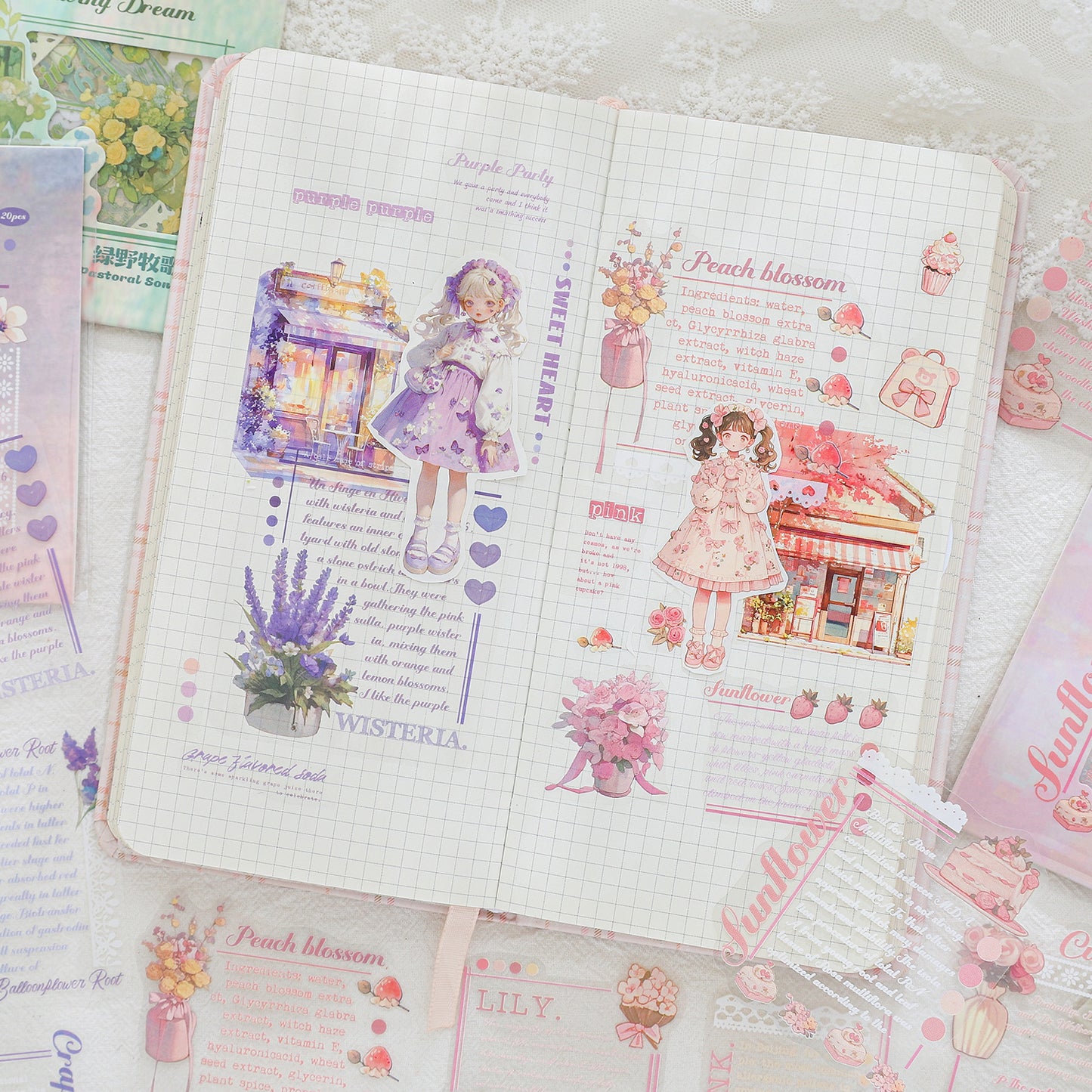 [2601-227] Flower Shadow Weaving Dream Series PET Floral Text Journal Sticker Pack 20 Sheets 6 Styles