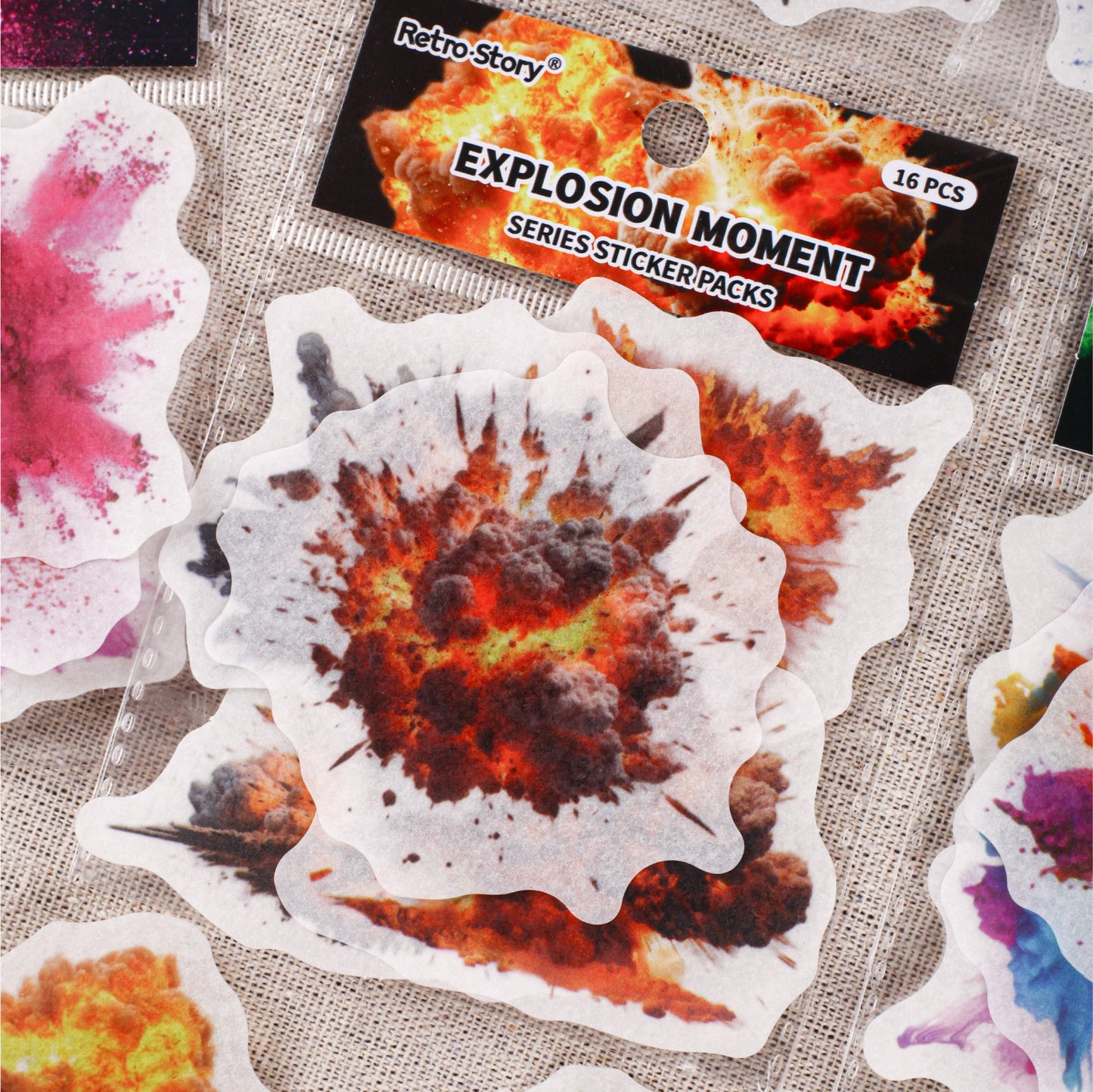[2601-144] Explosive Color Washi Stickers – “Burst Moment” Collage Set (6 Designs 16 Pieces)