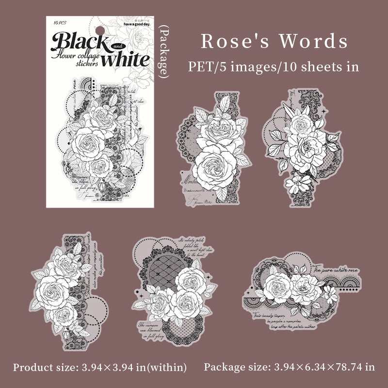 [2602-002] Large Black and White Floral PET Collage Stickers 6 Styles