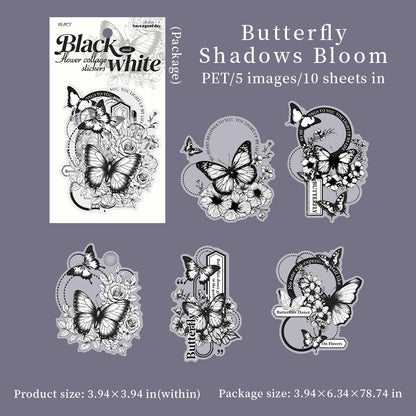 [2602-002] Large Black and White Floral PET Collage Stickers 6 Styles