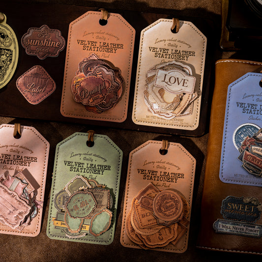 [2601-137] Velvet Leather Label Stickers – Vintage Faux Leather Journal Tags (6 Designs)