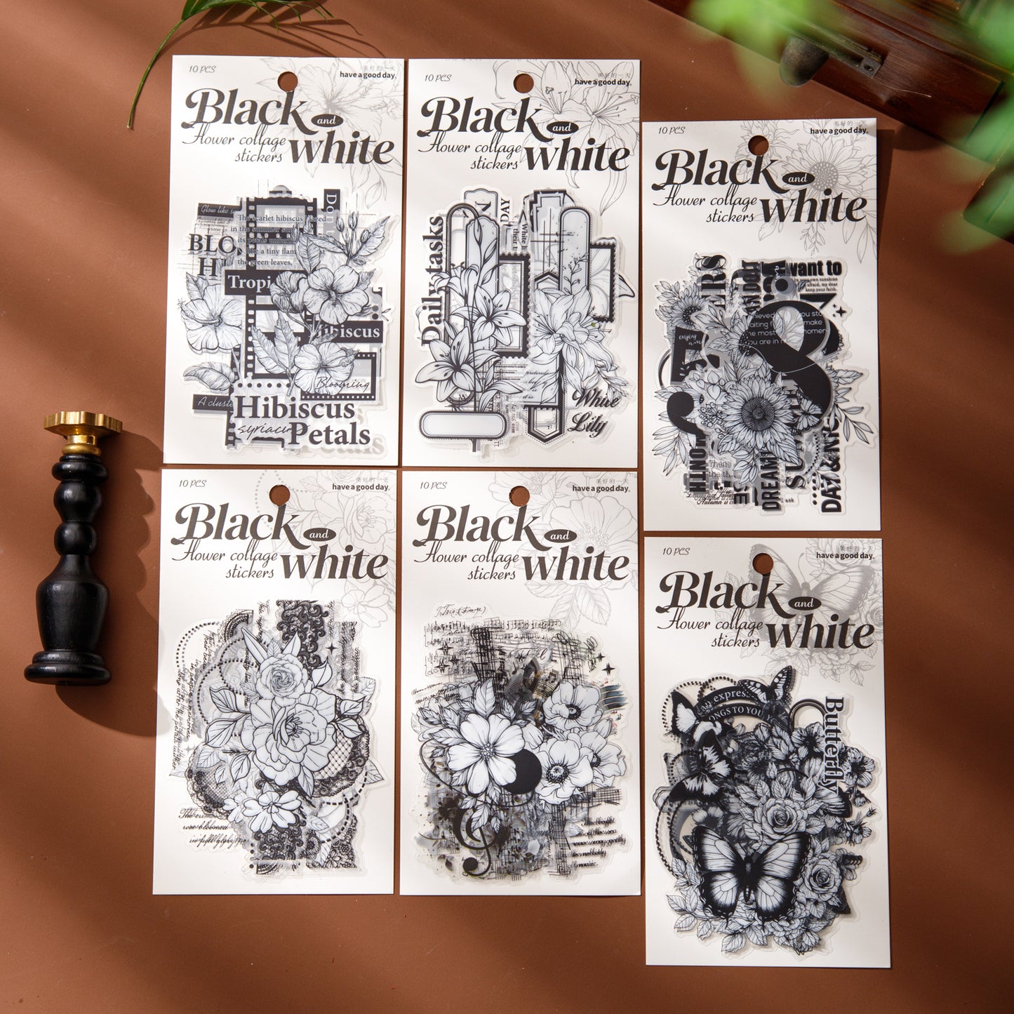 [2602-002] Large Black and White Floral PET Collage Stickers 6 Styles